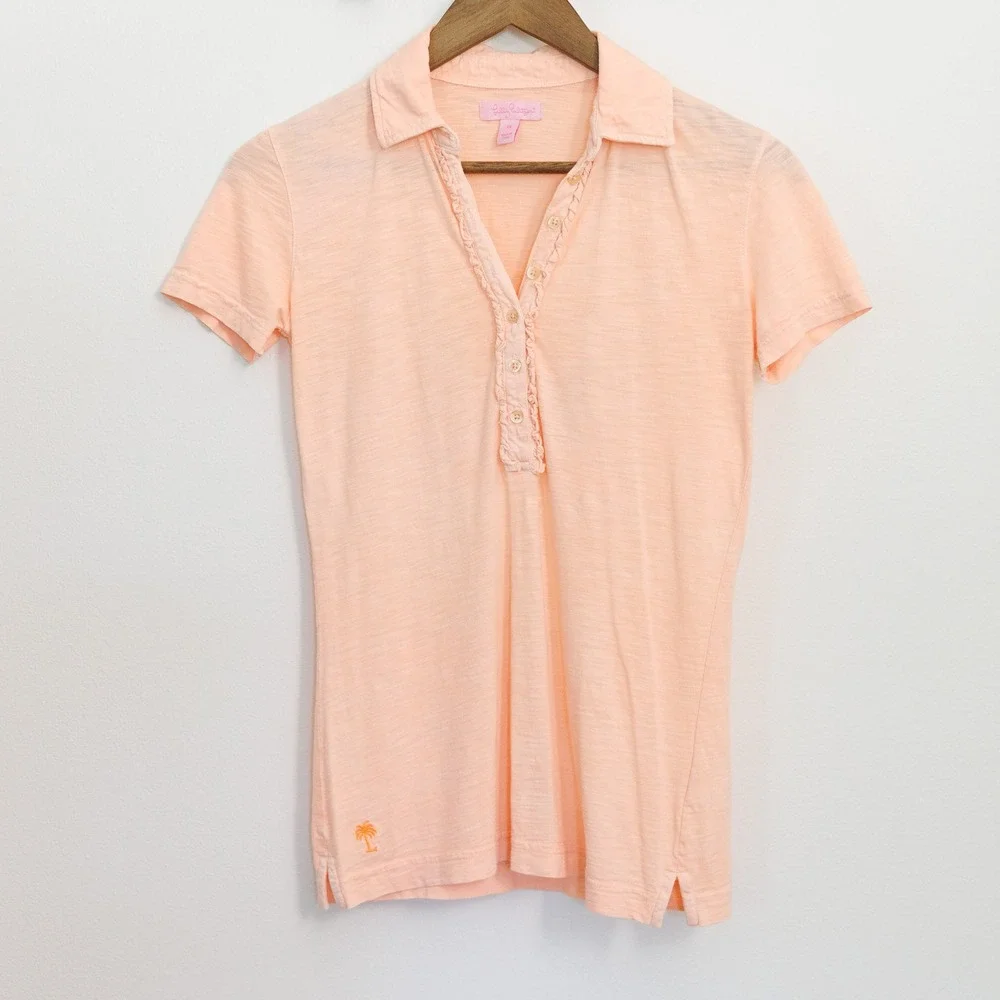 Lilly Pulitzer Womens XS Peach Pima Cotton Ruffle Slub Knit Polo Shirt Palm Tree